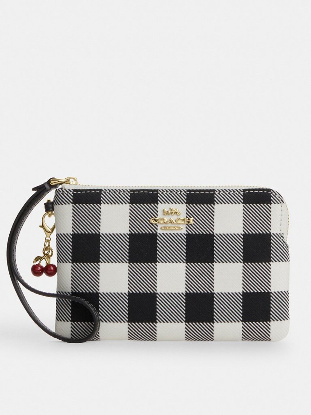 Coach Corner Zip Wristlet With Gingham Print And Charm